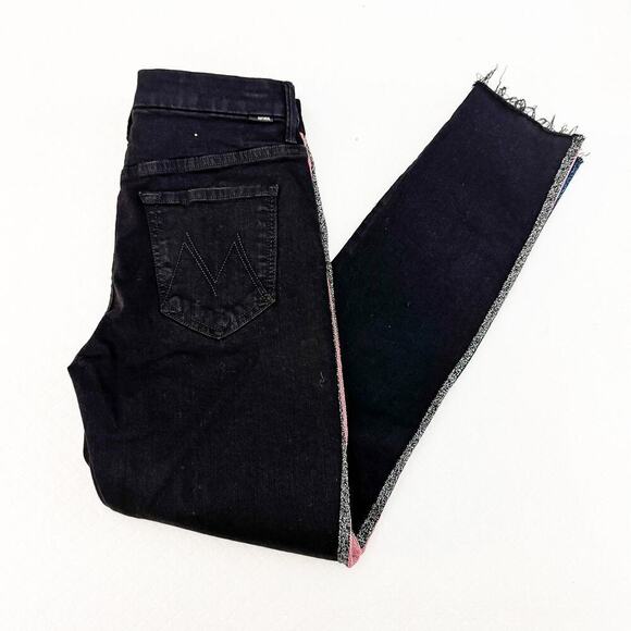 Mother High Waisted Looker Ankle Fray Guilty Glitter Race Black Denim Jeans SZ27 - Picture 10 of 10